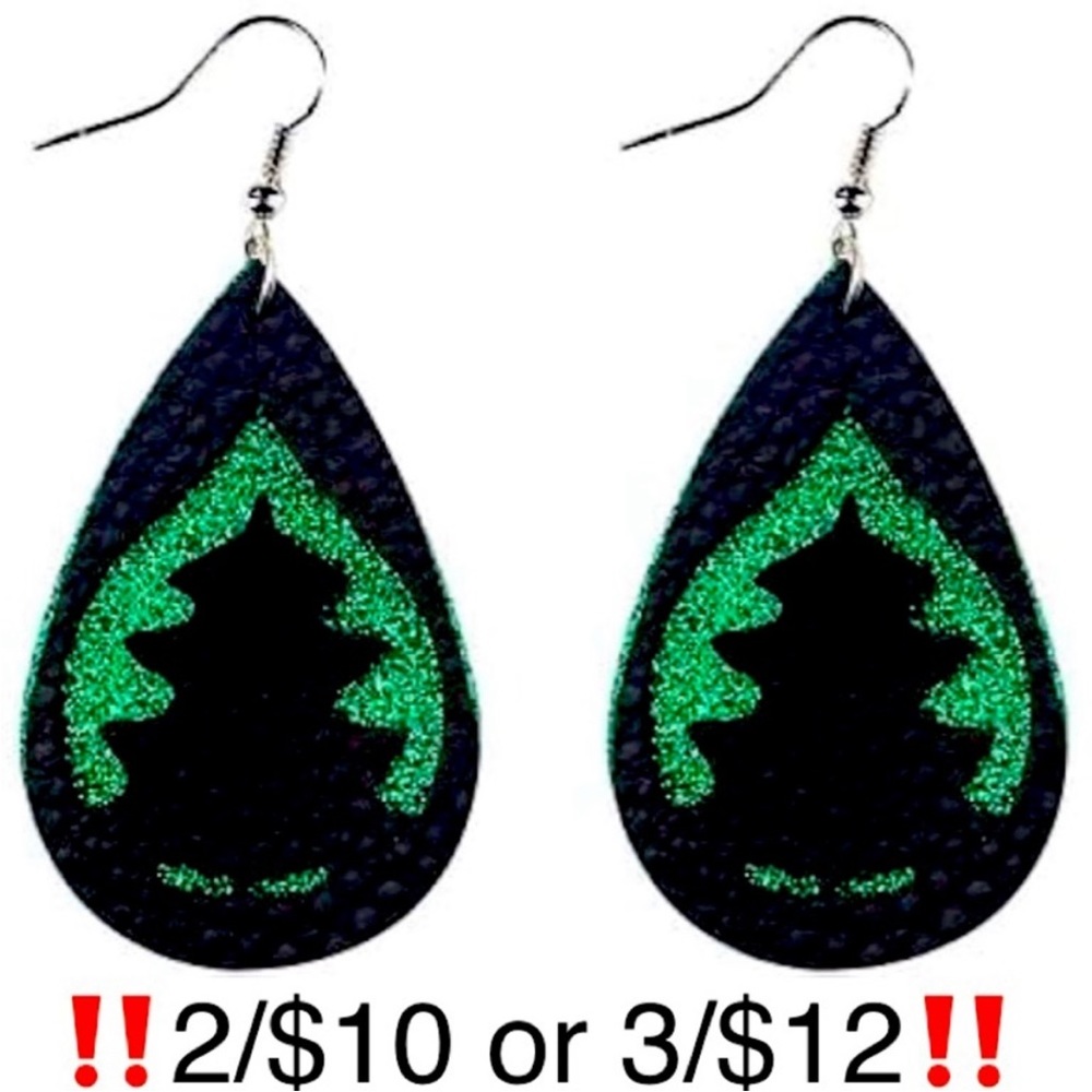 Christmas Tree Earrings Faux Leather Black Green Glitter Statement Earrings